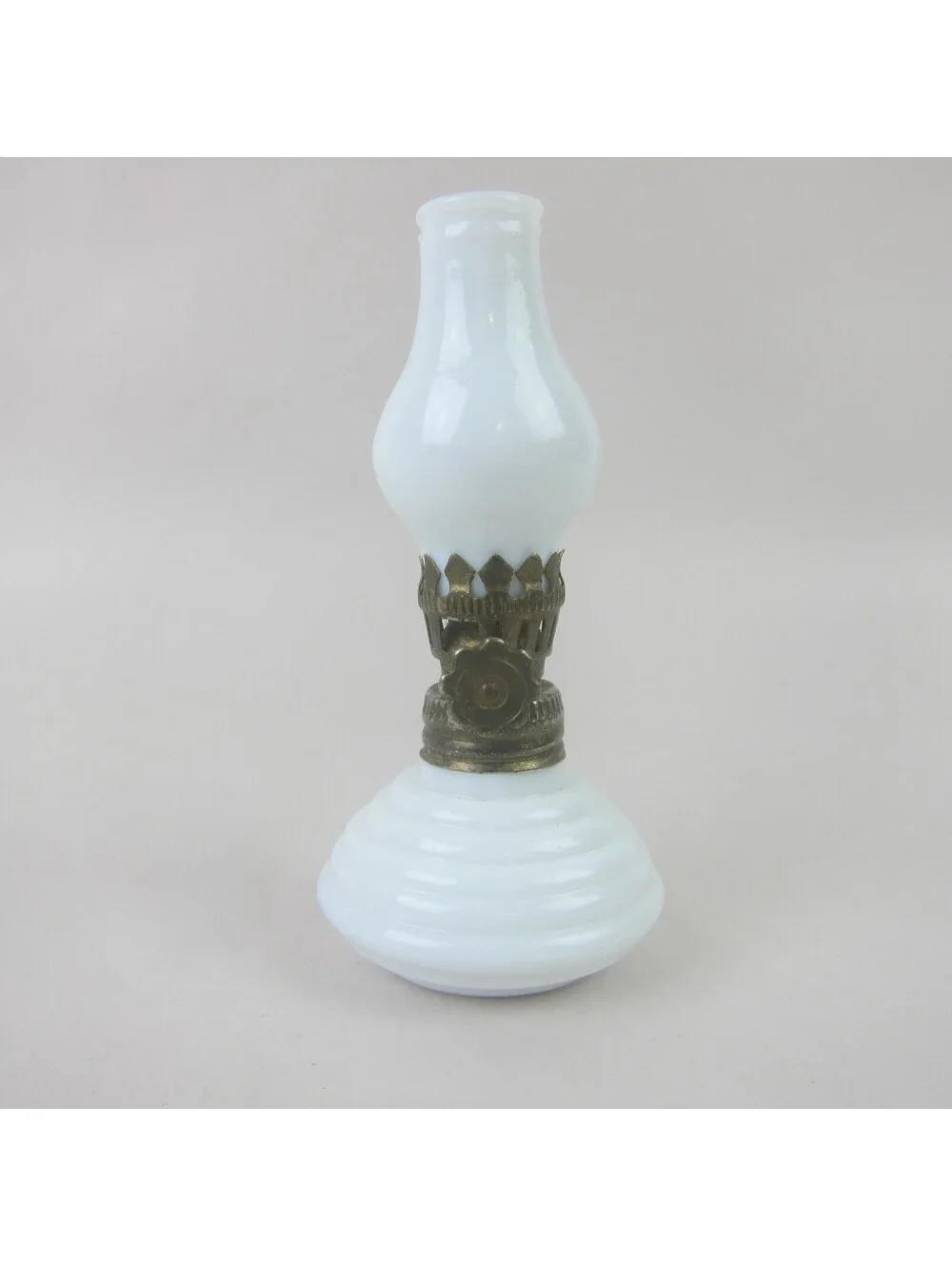 Antique Miniature Oil Lamp White Milk Glass Chimney & Beehive Base 4.5